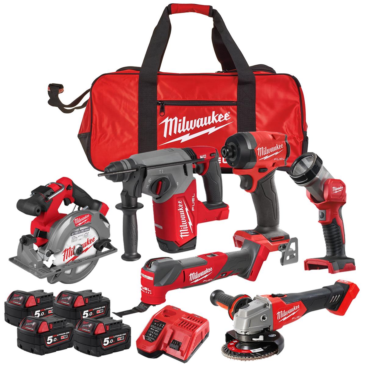 Milwaukee M18FPP6P3-504B 18V FUEL Brushless 6 Piece Power Kit with 4 x 5.0Ah Battery, Charger & Tool Bag 4933501776